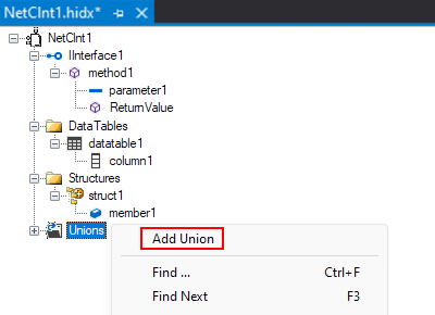 Screenshot shows main design view, Unions shortcut menu, and selected option for Add Union.