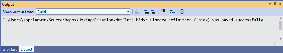 Screenshot shows Visual Studio Output window with HIDX file location.