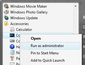 Screenshot showing the command prompt menu. Run as Administrator is selected.