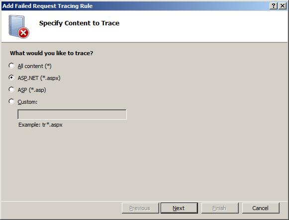 Screenshot showing the Add Failed Request Tracking Rule window showing the Specify Content to Trace dialog.