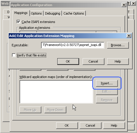 Screenshot of Application Configuration dialog box and Add and Edit Application Extension Mapping dialog box. Insert button on Application Configuration dialog box is highlighted.