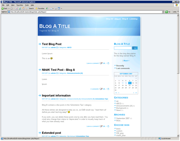 Screenshot of a browser window showing a page with the example blog site.