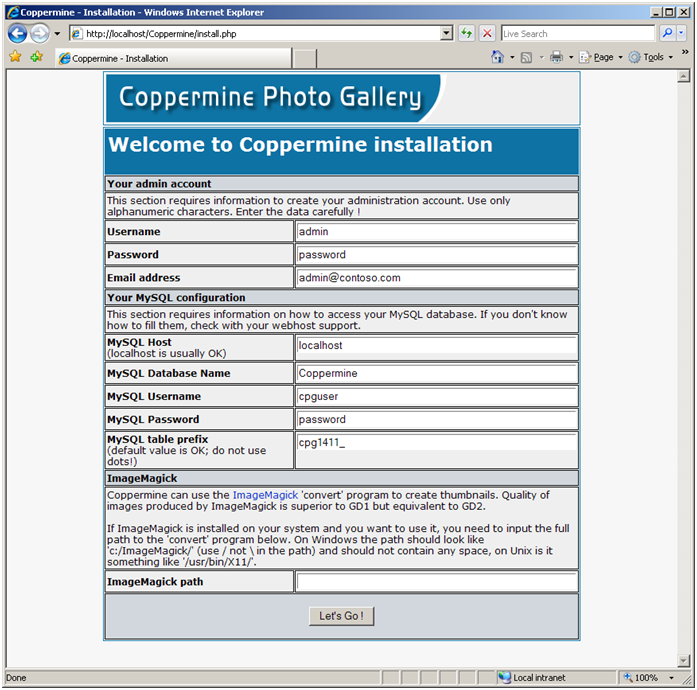 Screenshot shows the Coppermine Photo Gallery: Welcome to Coppermine installation page.