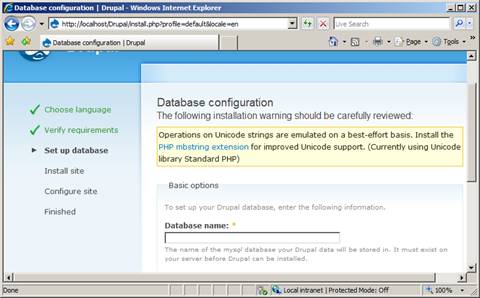 Screenshot of a browser window showing the Drupal database configuration page.