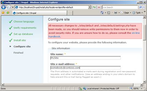 Screenshot of a browser window showing the Drupal Configure site page.