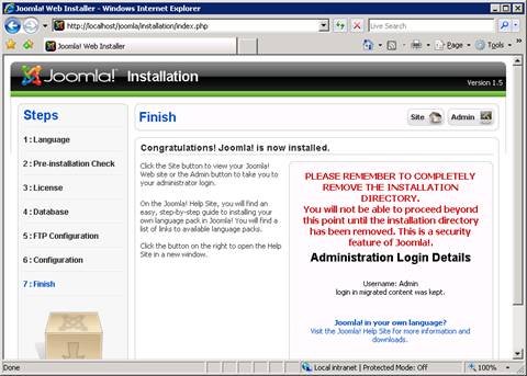 Screenshot of the Joomla installation page showing the Finish page in the main pane.