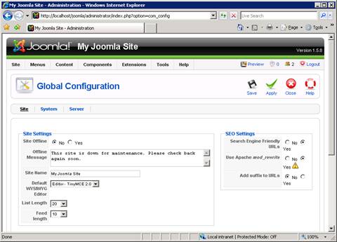 Screenshot showing the global configuration Joomla page.