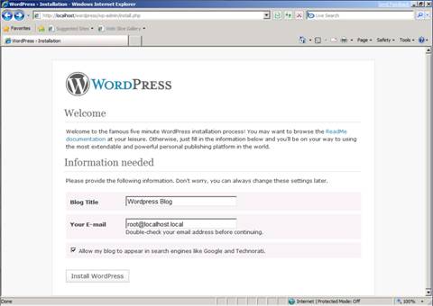 Screenshot of a browser window showing the WordPress installation page.