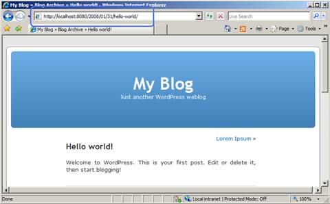 Screenshot of a browser window showing the example blog welcome page.