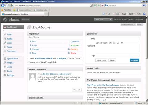 Screenshot of a browser window showing the WordPress welcome page.