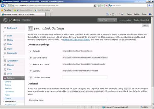 Screenshot of a browser window showing the permalink settings page. Settings is selected on the dashboard pane.