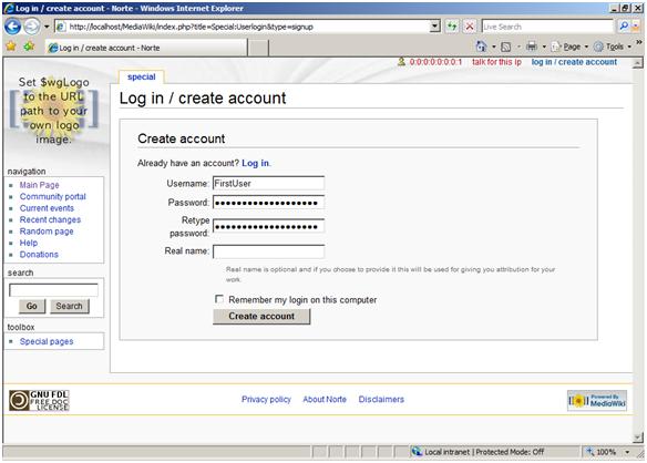 Screenshot of the Media Wiki Log in and Create Account page. Boxes for Username, Password, Retype Password, and Real name are shown.