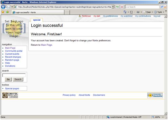 Screenshot of the Media Wiki showing First User having been created. The text says Welcome, First User!