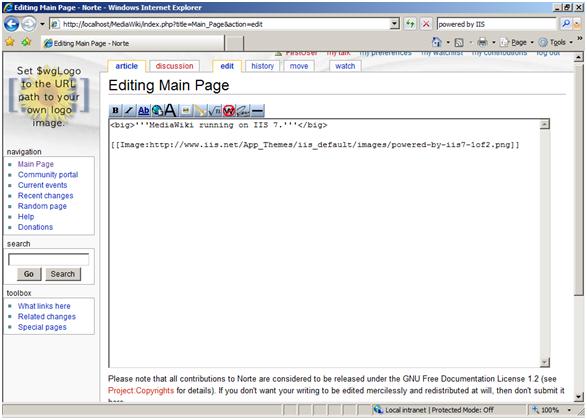 Screenshot of the Media Wiki editor for the Main Page.