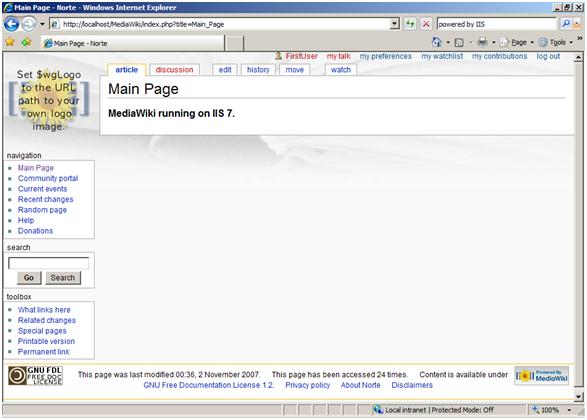 Screenshot of the Media Wiki page post edit. The text says Media Wiki running on I I S seven.