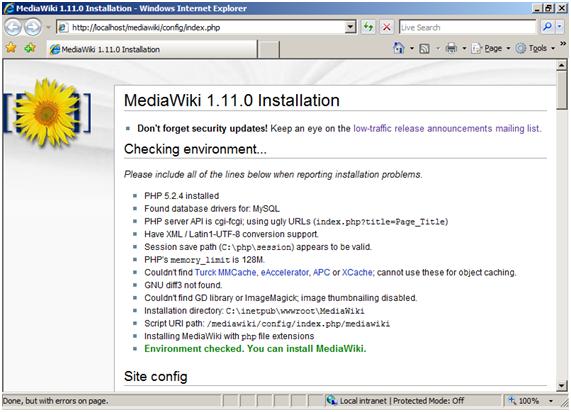 Screenshot of the Media Wiki installer Environment checks.