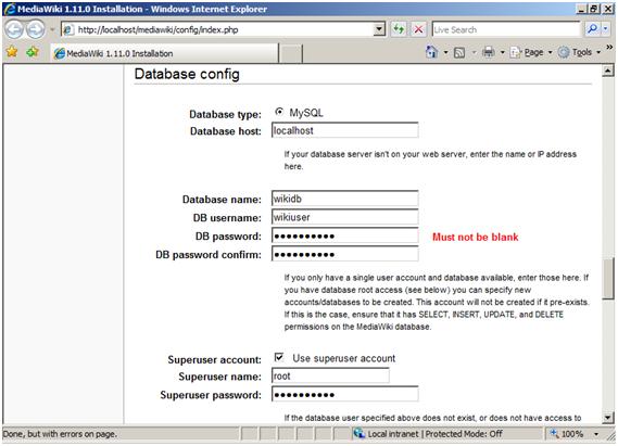 Screenshot of the Media Wiki installer Database config. The checkbox next to Use Superuser account is checked.