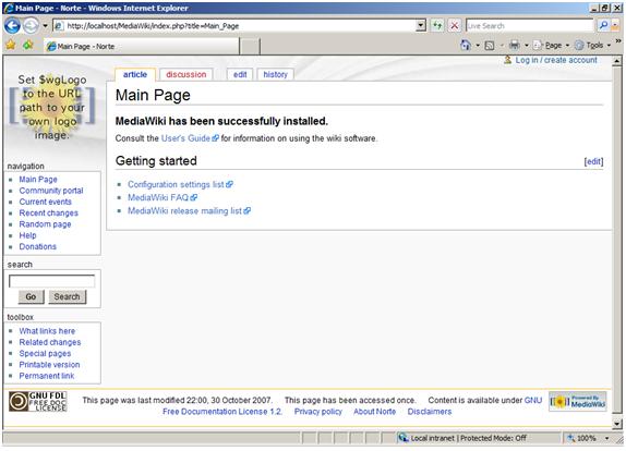 Screenshot of the Media Wiki main page after installation. The text on the page says Media Wiki has been successfully installed.