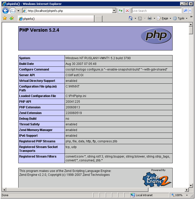 Screenshot of the P H P Version five dot two dot four web page. In the Server A P I field, Fast C G I is written.
