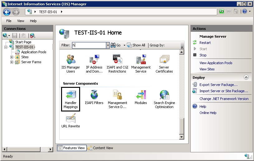 Screenshot of I I S Manager with the Handler Mappings icon highlighted.