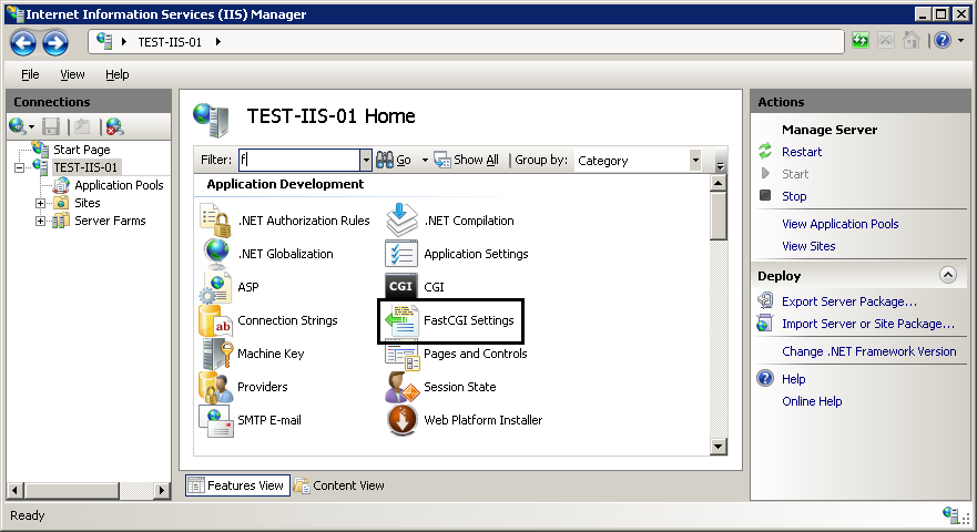 Screenshot of the I I S Manager window showing the Fast C G I settings icon highlighted.