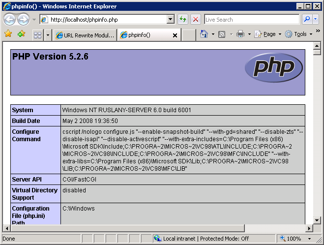 Screenshot of a browser window showing the P H P information page.