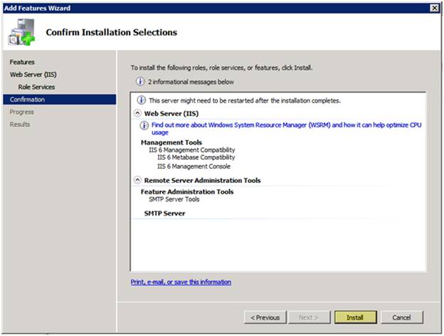 Screenshot of the Add Features Wizard showing Confirm Installation Selections in the main pane. Install is highlighted.