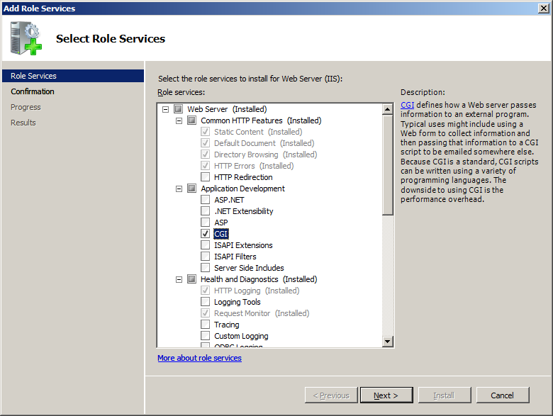 Screenshot of Add Role Services dialog with C G I selected under Application Development.