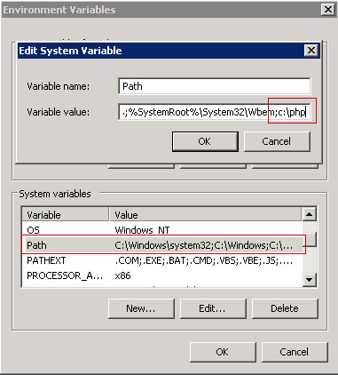 Screenshot of the Edit System Variable dialog. Path is highlighted.