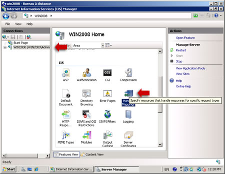 Screenshot of a browser window with I I S Manager in a tab. An arrow points to the Handler Mapping icon.