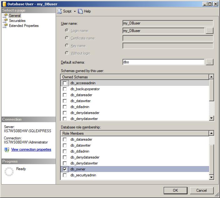 Screenshot shows the Database User dialog box for my_D B user, with d b_owner selected as a Role Member.