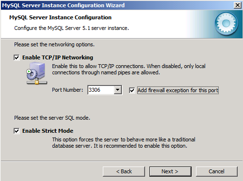 Screenshot of the My S Q L Server Instance Configuration Wizard on the networking options page. Enable T C P/I P Networking and Enable Strict Mode are selected. 