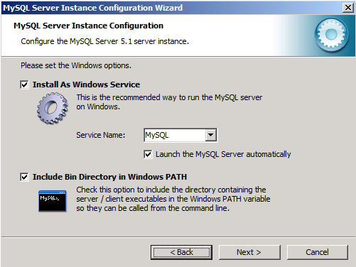 Screenshot of the My S Q L Server Instance Configuration Wizard on the Windows options page. Install as a Windows Service and Include Bin Directory in Windows Path are selected.