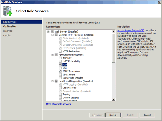 Add Role Services dialog with ASP selected