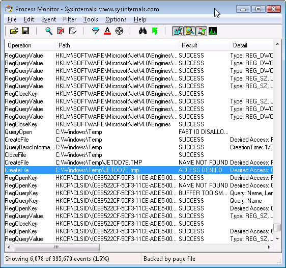 Screenshot showing the Process Monitor log.