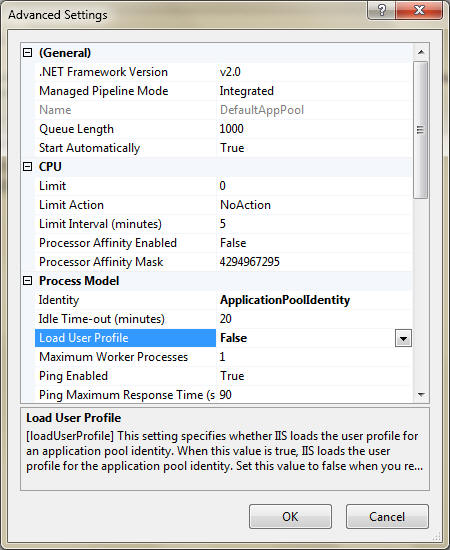 Screenshot of the Advanced Settings dialog. Load User profile is highlighted.
