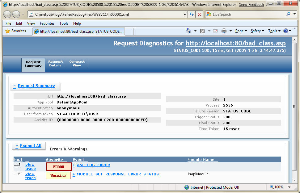 Screenshot of a browser window displaying the Request Summary of a failed trace log error.