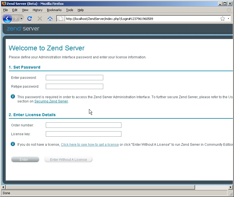 Screenshot that shows the Mozilla internet browser. The browser is open to the Welcome to Zend Server page.