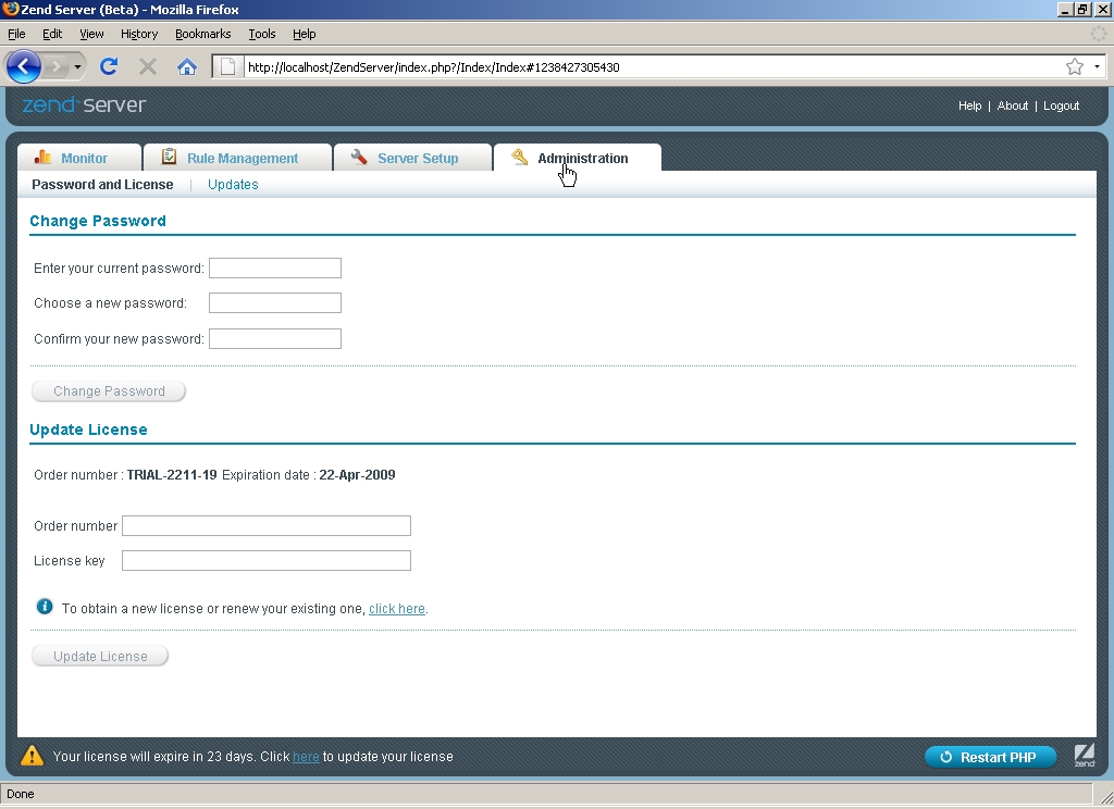 Screenshot of Zend Server administration panel. The Administration section is shown. At the top there are the Password and Licenses tab and the Updates tab. The Password and Licenses tab is selected.