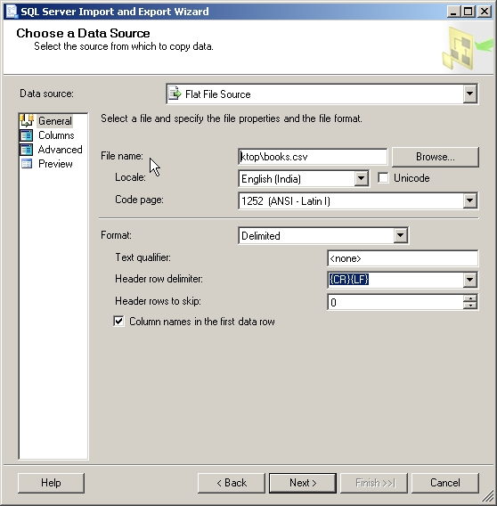 Screenshot of the S Q L Server Import and Export Wizard. Flat File Source is selected in the data source box. In the Header row delimiter box C R L F is highlighted.