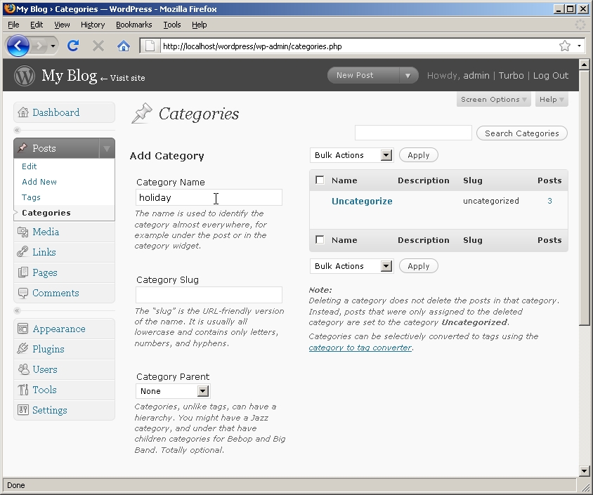 Screenshot of the Categories web page of the Wordpress website. In the Category Name box, the text holiday is written.