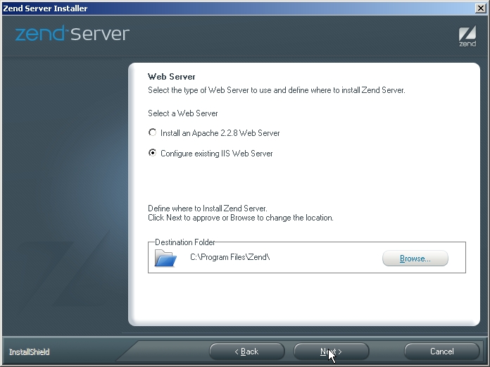 Screenshot of the Web Server page. Configure existing I I S Web Server is selected.