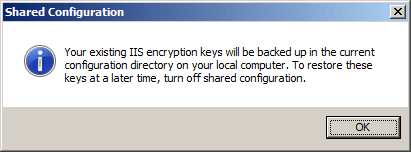 Screenshot of shared configuration dialog about existing I I S eccryption keys.