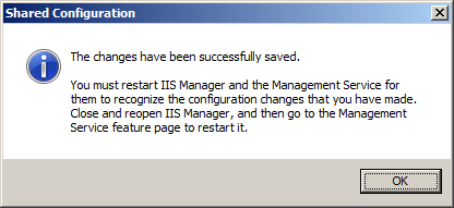 Screenshot of shared configuration dialog box about restarting I I S Manager.