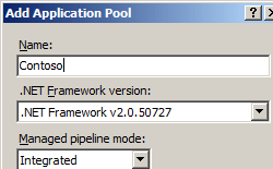 Screenshot of the Add Application Pool dialog box with fields for Name, dot NET Framework version and Managed pipeline mode.