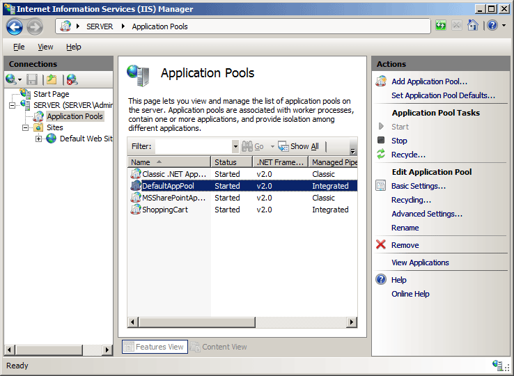 Screenshot of the I I S Manager window displaying the Application Pools page.