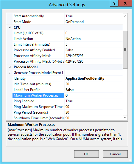 Screenshot of the Advanced Settings pane. Maximum Worker Processes is highlighted in the list.