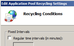 Screenshot that shows the Recycling Conditions page in the Edit Application Pool Recycling Settings dialog box. Specific time is checked, and 3 A M is entered in the text box.