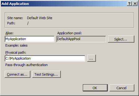 Screenshot of Add Application dialog box with fields for Alias and Physical path.