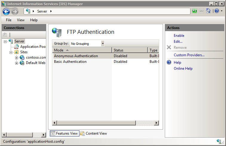 Screenshot of the I I S Manager window. The F T P Authentication page is displayed.